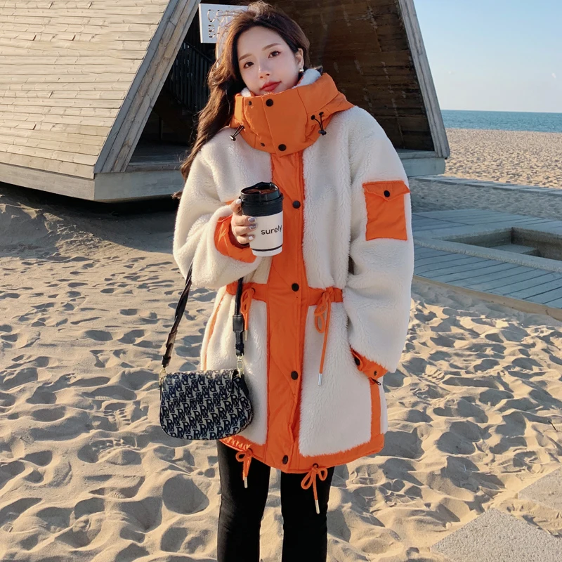 

Winter Lamb Velvet Stitching Cotton Jacket Women Loose Large Size Outwear Female Hooded Outerwear