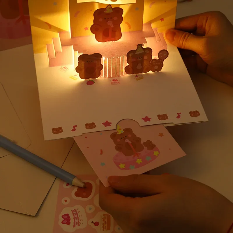 3D Pop Up Light Music Birthday Card Cute Bear Cake Greeting Cards Happy Birthday Party Surprise Blessing Card Gifts