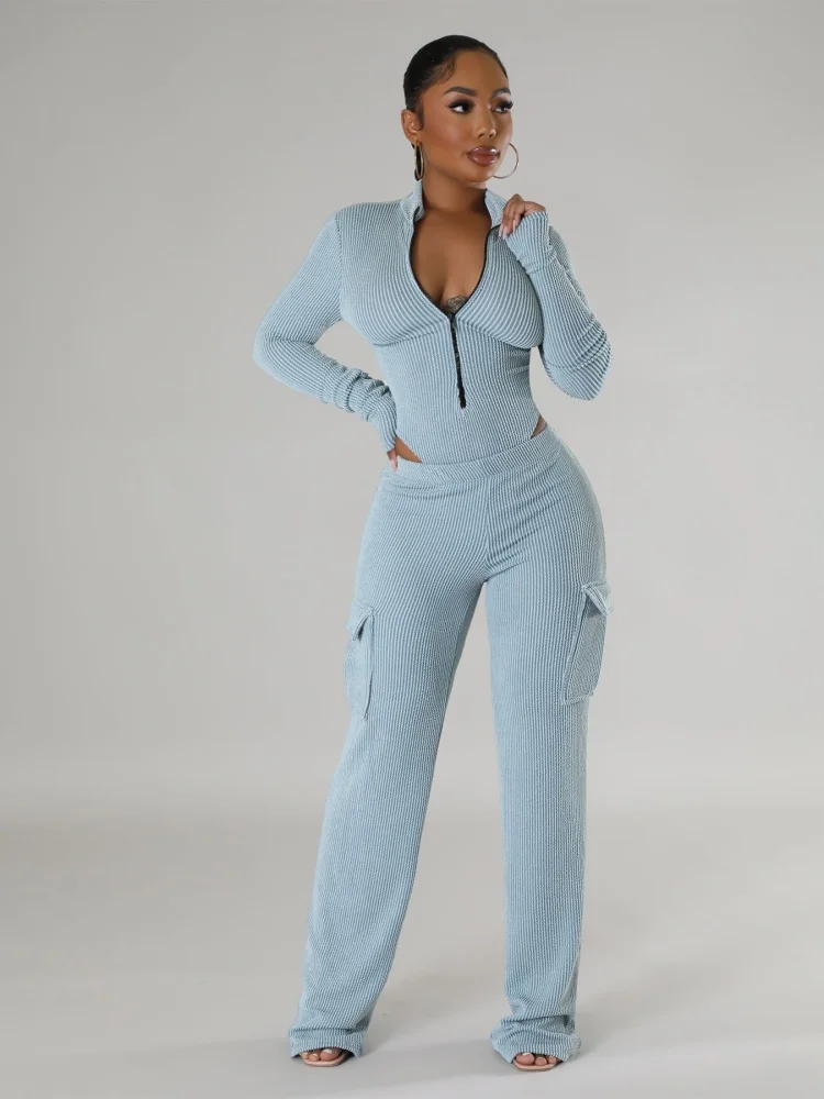 Wmstar Autumn Women Two-piece Elastic Twisted Strip High Waisted Long Sleeved Jumpsuit Work Pants Set Wholesale Dropshipping