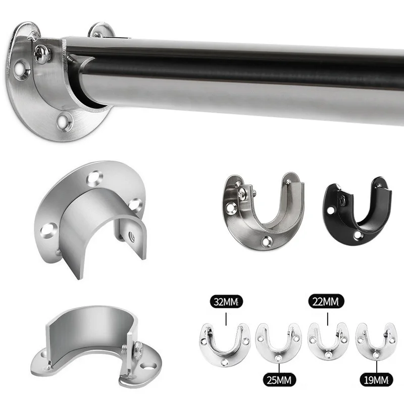 Flange Connector Wardrobe Bracket 304 Stainless Steel Flange Seat Wardrobe Hanger Rod Fixing Curtain Rod Tube Hook Fixed Support