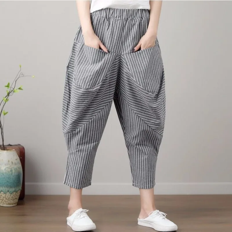

2023 Summer New Large-size Striped Bloomers Age-reducing Retro Elastic Waist Harem Pants Women's Wide-leg Pants