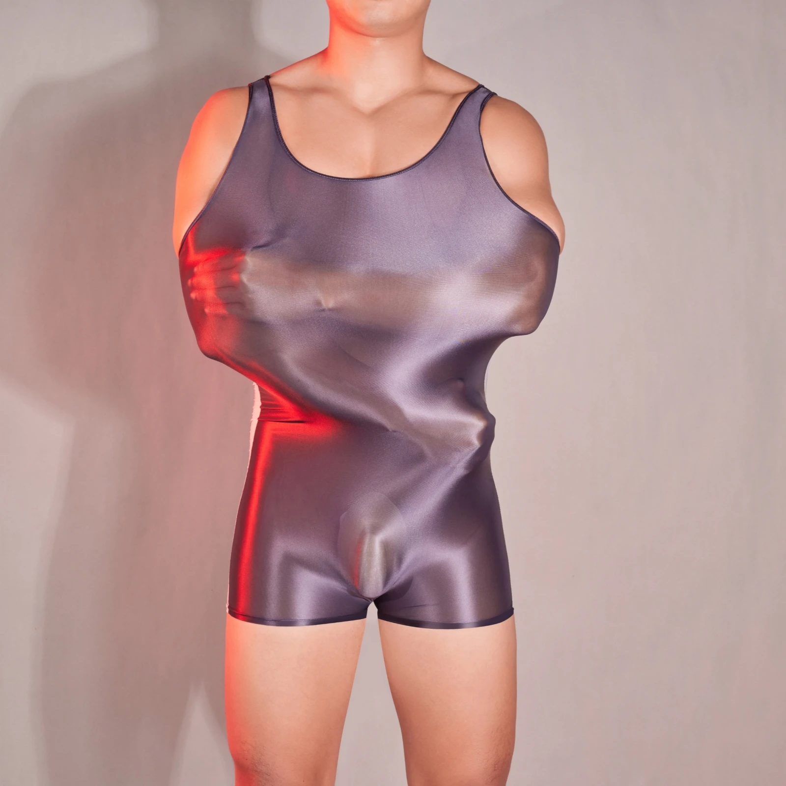 Men Sexy Contrast Color Bodysuit Oil Glossy See Through Stretchy Rompers Male Thin Playsuits Sheer Ice Silk Soft Tank Sleepwear men bodysuits men jumpsuits men lingerie