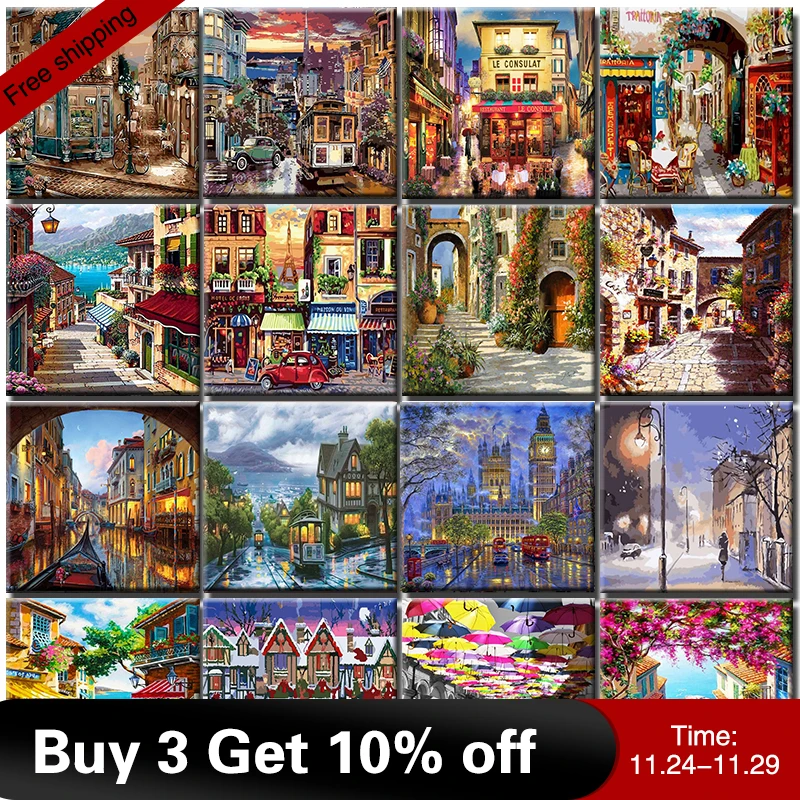 Street Oil Painting Out By Number On Canvas With Frame Pictures For