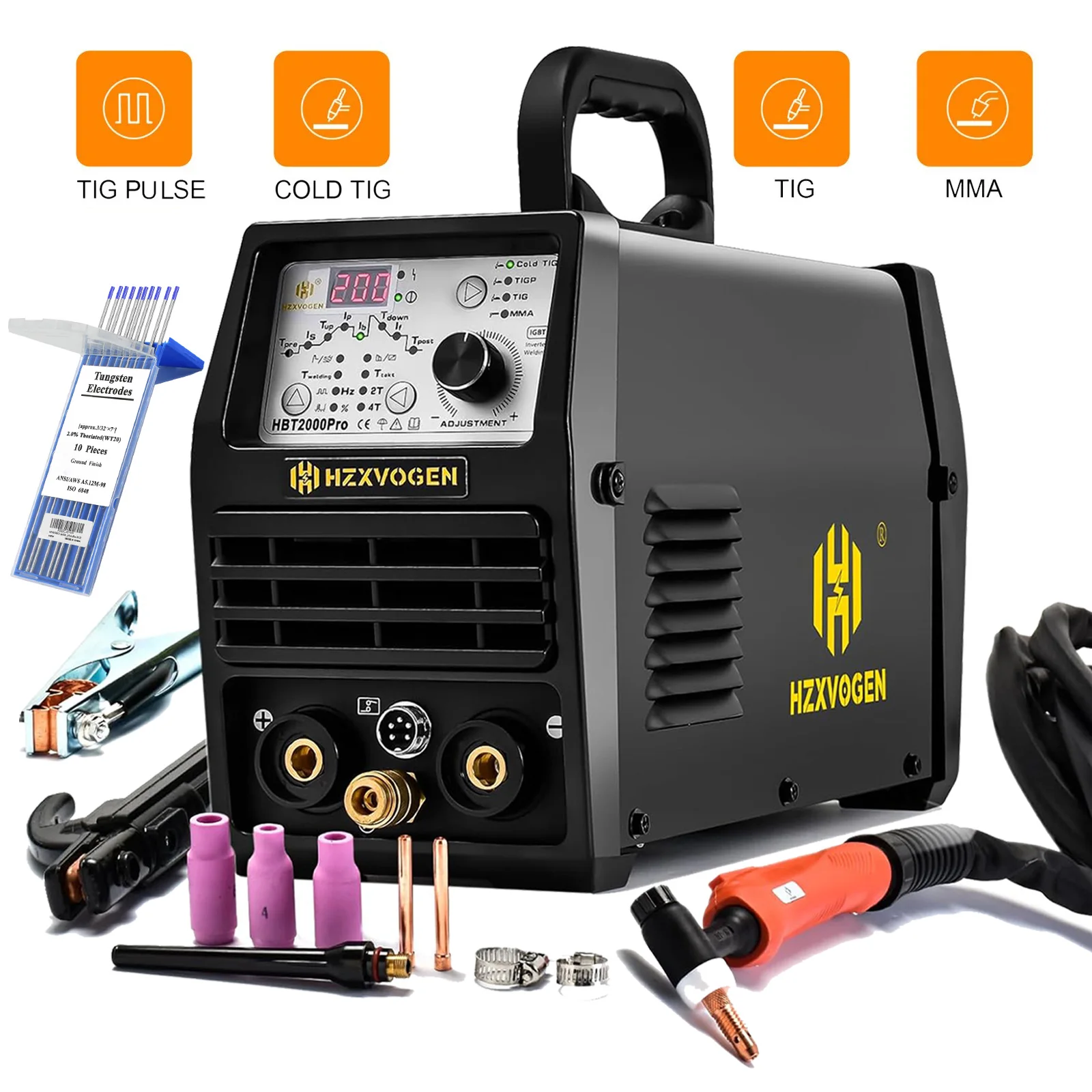 HZXVOGEN - Soldador TIG de aluminio CA/CC de 200 amperios con pulso 4 en 1, máquina de soldadura multiproceso de doble voltaje 110/220 V IGBT inversor HF TIG/TIG/Stick/Arc/Spot soldadora