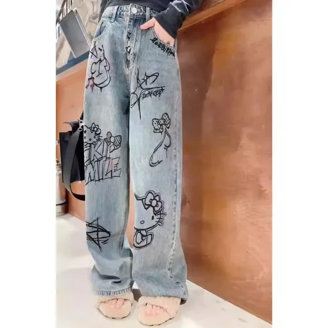 Hello Kitty Y2K Wide Leg Jeans Embroidered Workwear Wide Leg Pants