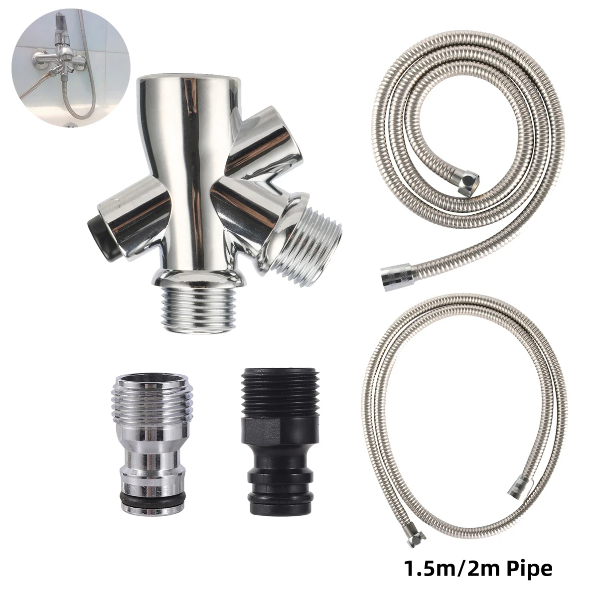 Bathing Room Shower Head Water Splitter 1/2" Female Thread Inlet Male Outlet Chrome 3-Way Tap Diverter 1.5/2m Copper Core Hose