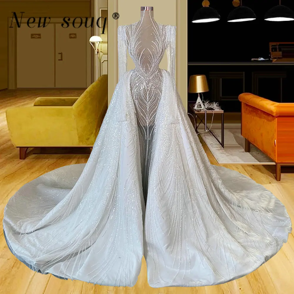 

Роскошные женские свадебные платья с юбкой-годе, 2 предмета, блестящие прозрачные наряды с длинным рукавом и блестками Дубая, свадебные платья