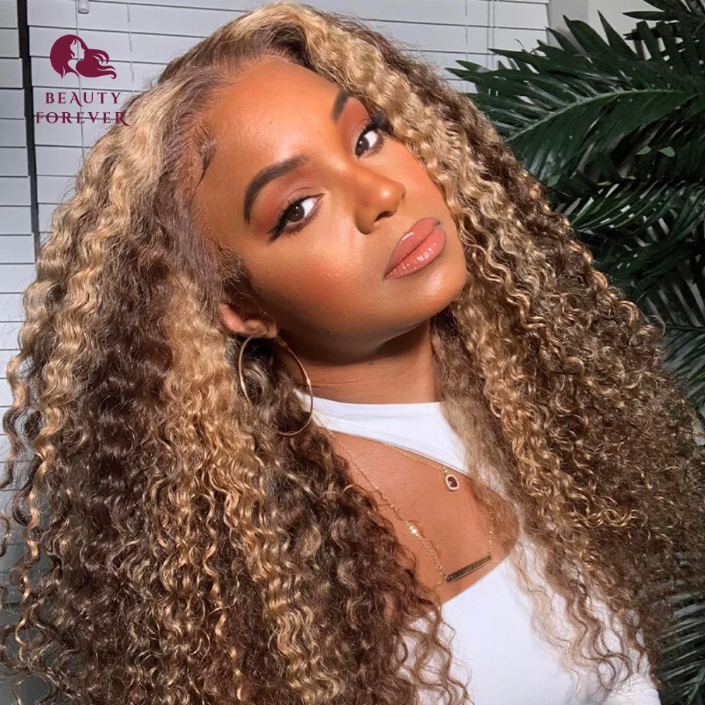 Highlight Honey Blonde Jerry Curly Lace Front Human Hair Wig 13x1 T part  4x4 Lace Closure Highlgiht Blonde Human Hair Wigs _ - AliExpress Mobile