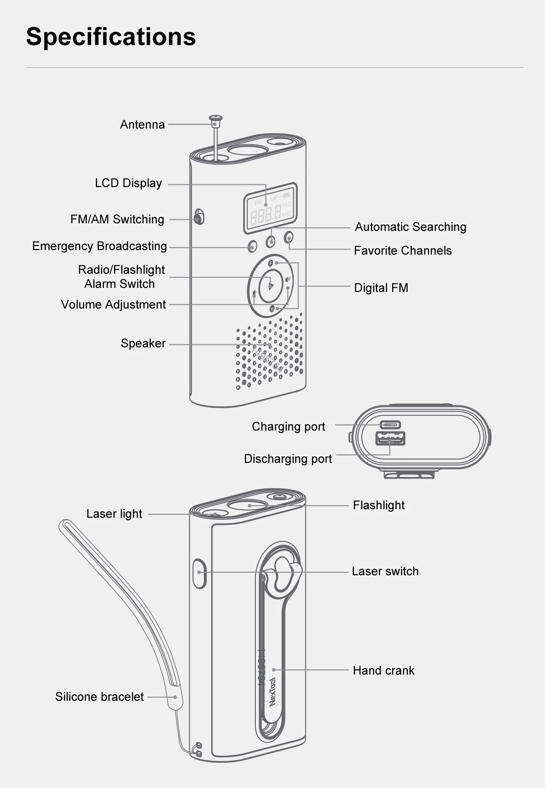 Xiaomi Nextool 6-in-1 Manual Power Station AM FM Radio Flashlight Emergency Alert Laser Light 4500mAh Power Bank for Outdoor