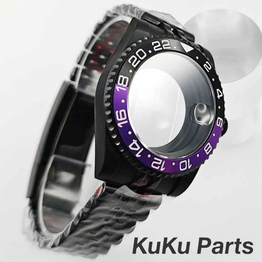 Black Purple GMT Bezel Watch Case with PVD Black Jubilee Bracelet and Sapphire Crystal