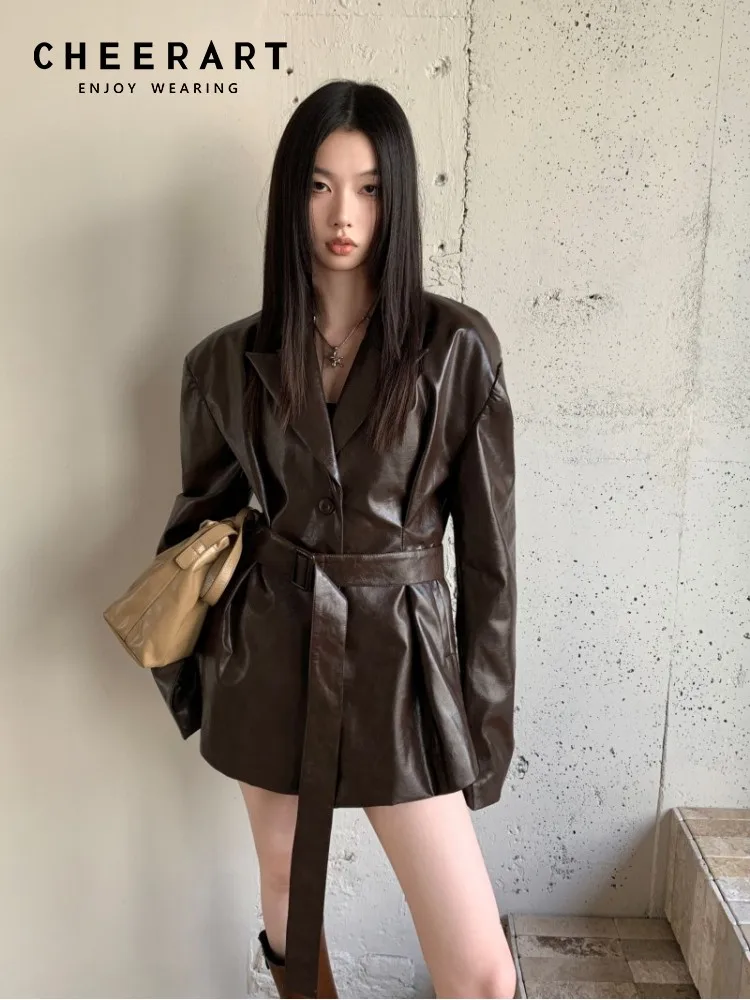 

CHEERART Brown Winter Leather Jackets For Women 2023 Luxury Designer Faux PU Leather Coat New In Outwears Autumn Clothes