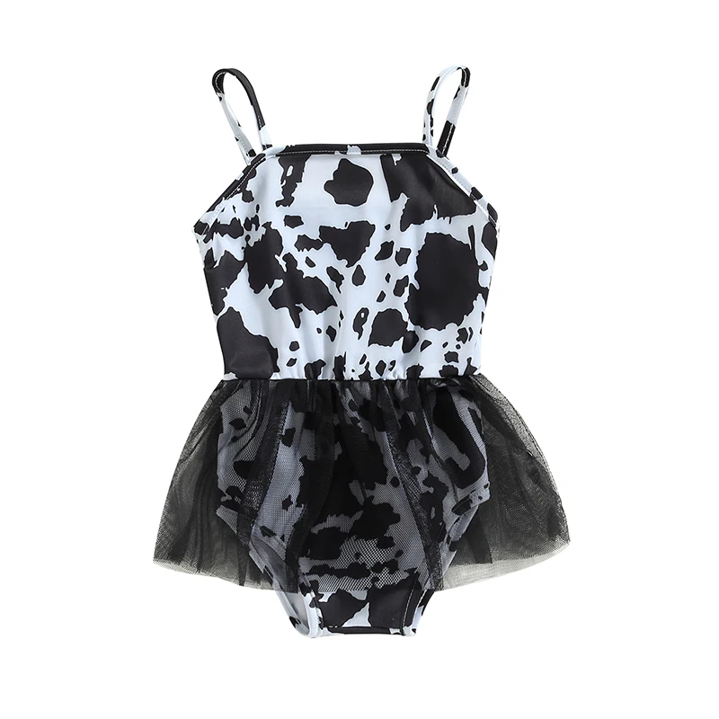 

Kids Girls Cute Romper Swimsuit Cow Spot Print Spaghetti Strap Sleeveelss Tulle Skirt Hem Sling Swimwear Bathing Suit