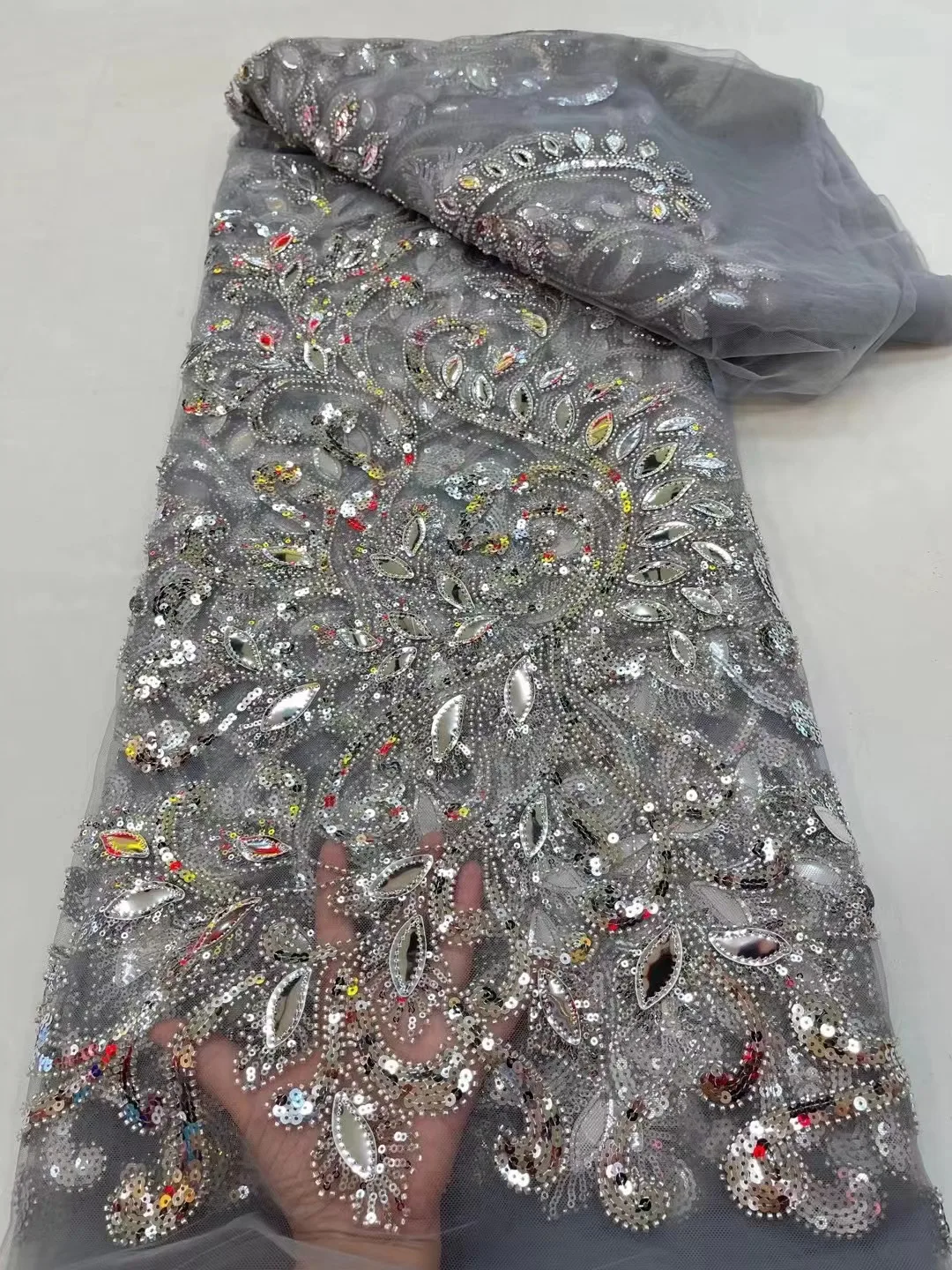 

Grey African Beaded Groom Lace Fabric 2023 High Quality Lace Material Nigerian French Sequins Lace Fabric For Wedding Dress Sew