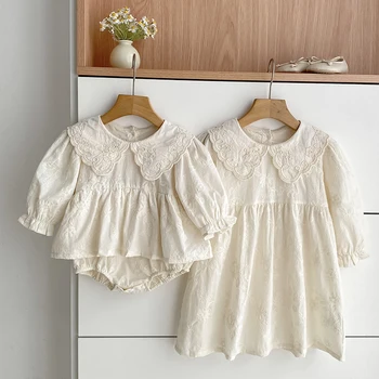 Autunno Baby Body Sorelle Abito Fiore Ricamo Abito Infantile Ragazze Bambino Vestito Neonate Pagliaccetti Abito Sorella Famiglia