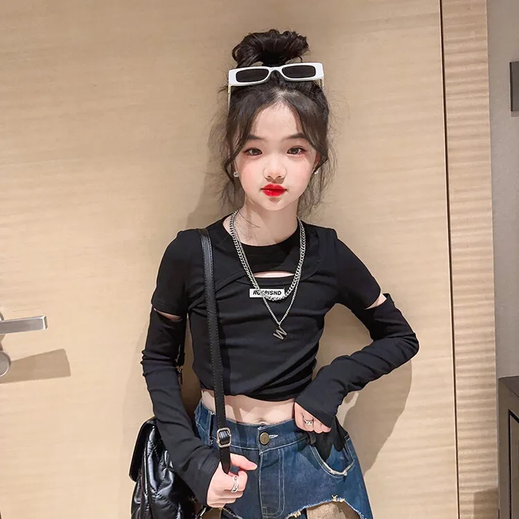 Girl Top New Spring Autumn Korean Fashion Style Cut Out Base Shirt Girls Solid Long Sleeve Blouse Casual Children Clothes