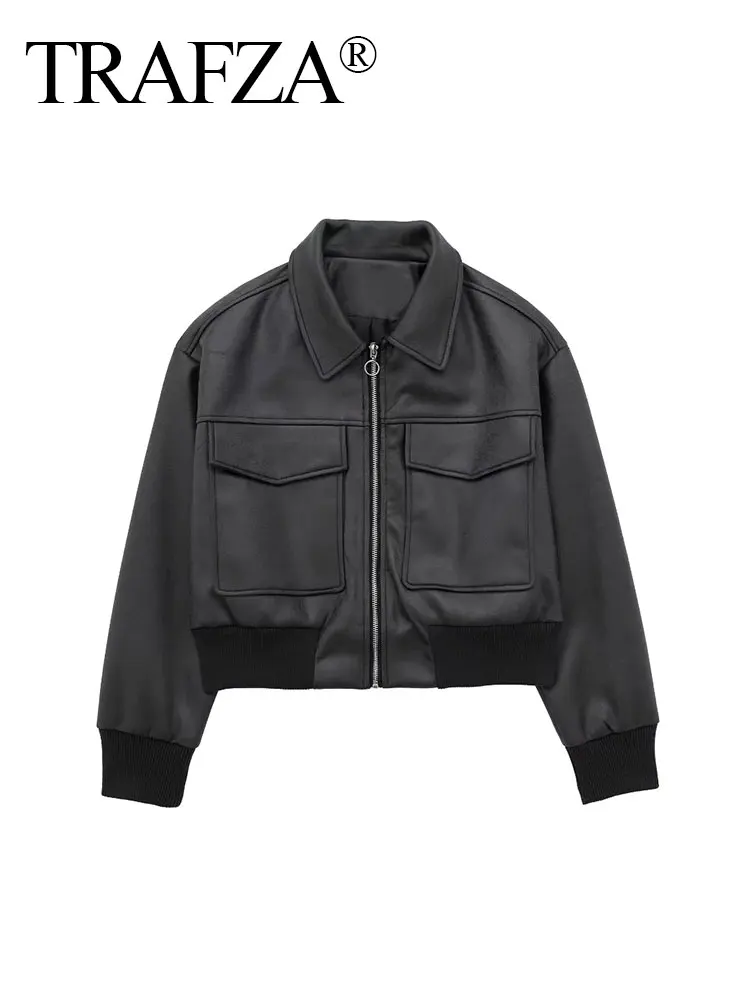 

TRAFZA Winter Round Neck Loose Pocket Women's Motorcycle Jacket Short Top Fashion Imitation Leather Women's Bomber Jacket Y2k
