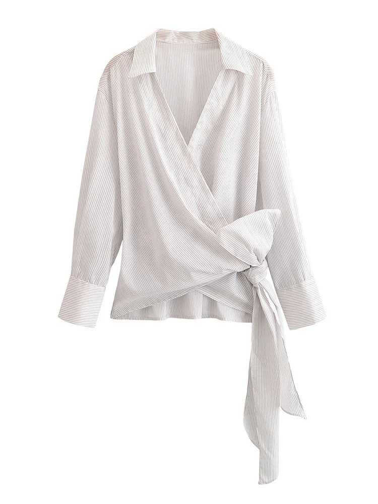 Fashion Bow Tied Lace Up Shirts For Women 2025 Chic Long Sleeve Blouse Woman Elegant V Neck Shirts Female Striped Shirts
