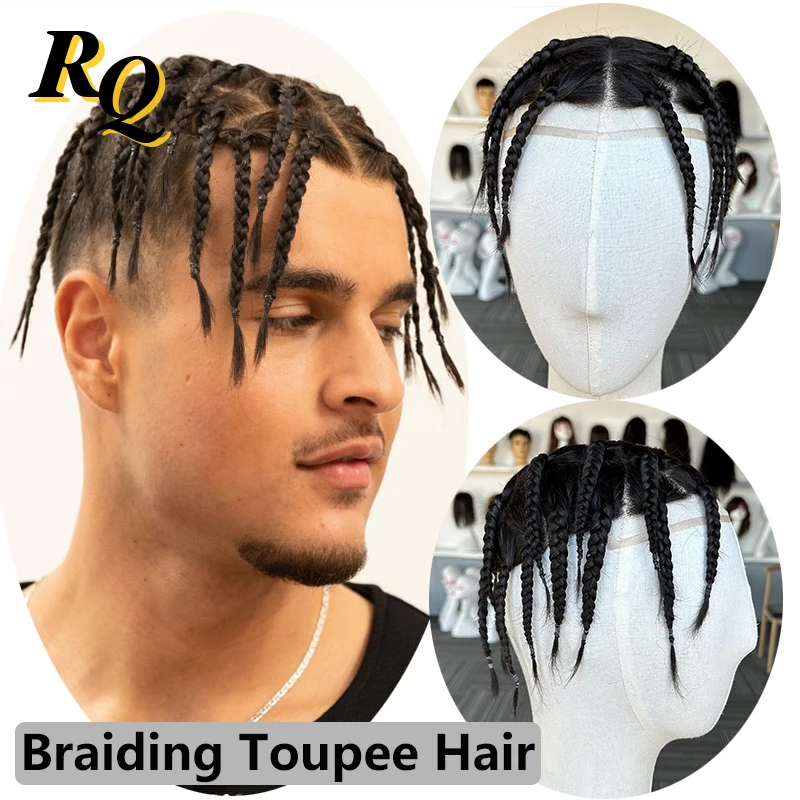 

Loc Braiding Toupee Hair For Men 1B Human Hair Dreadlocks Box Braid Hairpieces Lace With Pu Bio Base Hair Replacement Male Wig