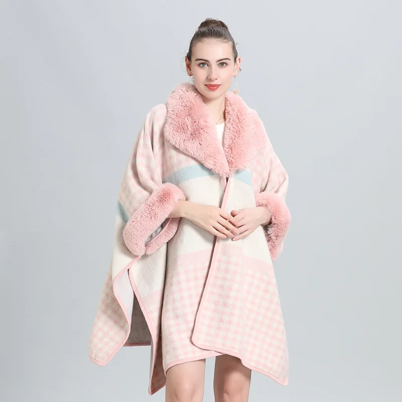 2022 Women Winter Thick Warm Black Houndstooth White Outer Wear Batwing Sleeves Faux Woolen Rabbit Fur Big Neck Loose Capes Coat