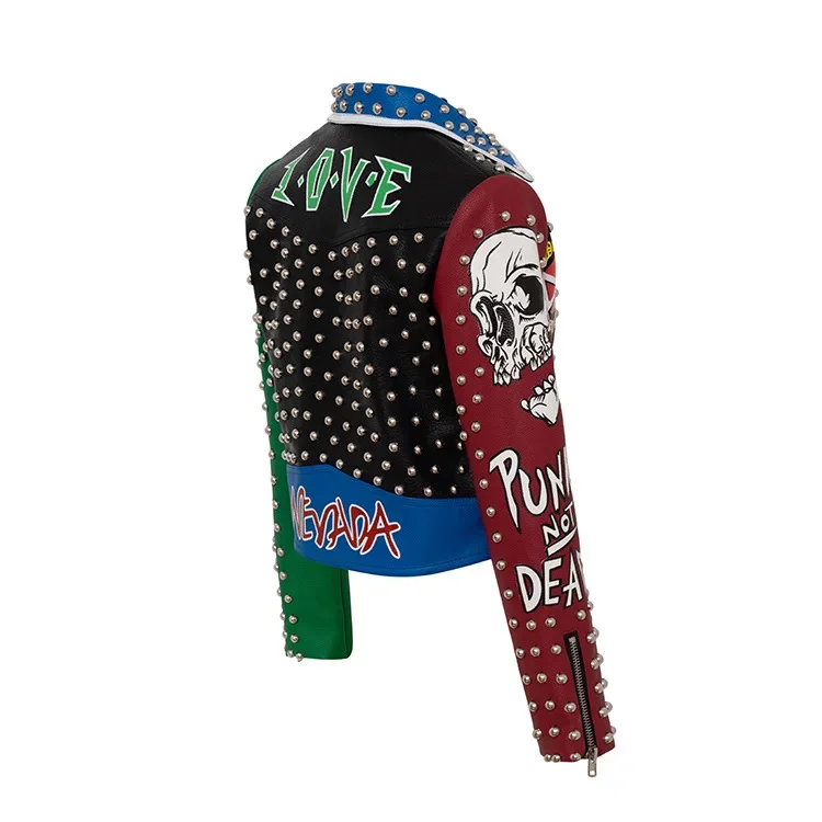 Rivets Motorcycle Leather Jacket for Women 2024 Trend Punk Style Graffiti Print Contrast Stitched Faux Leather Cropped Jacket