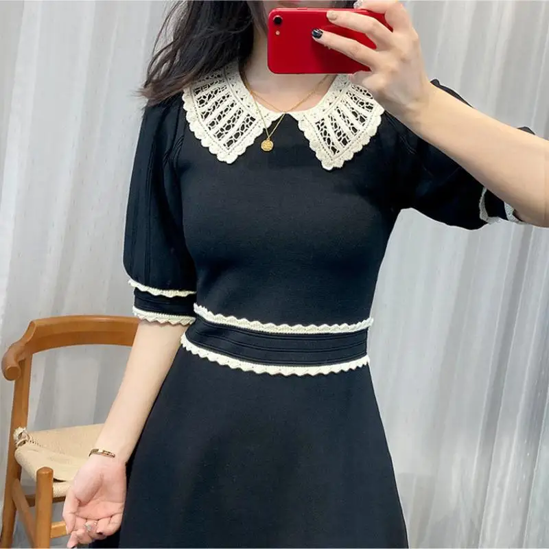 

Vintage Hit Color For Women Elegant Luxury Knitted Dress For Women Peter Pan Collar Short Sleeve Slim Mini Party Dresses Clothes