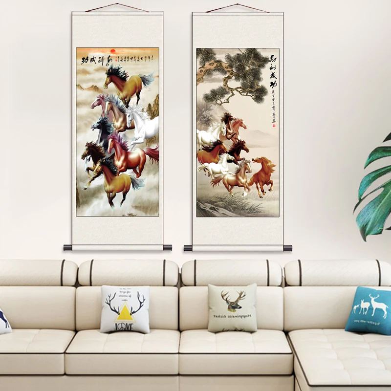 

Eight Steeds Painting Chinese Style Scroll Painting Banner Hanging Posters Aesthetic Room Decor Anime Canvas Poster Wall Art