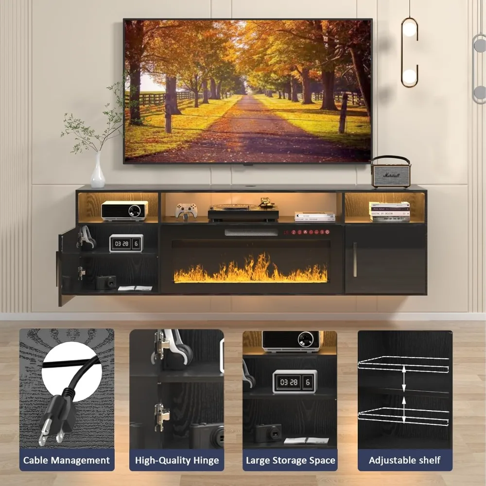 Floating TV Stand with Fireplace, 70" Floating TV Stand Wall with 36" Fireplace, Black Floating Electric Fireplace TV Stand 2