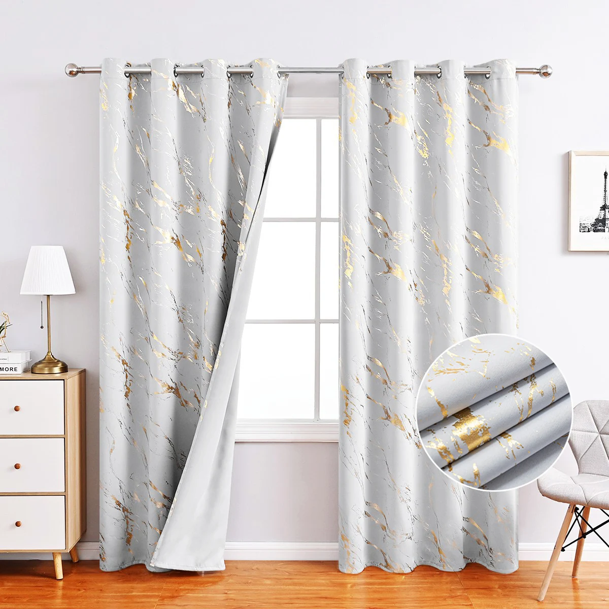 Luxury White Gilt Blackout Curtains for Living Room Bedroom White Bronzing Sheer Tulle Curtains Light Filtering Decoration