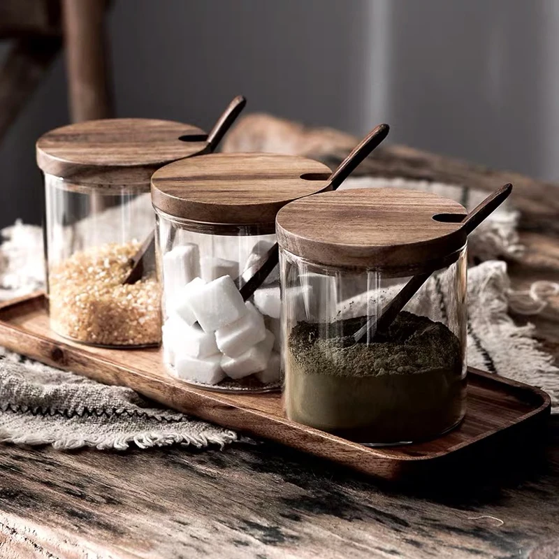 Creative Embossed Glass Spice Jar with Lid Spoon Peppercumin Box Kitchen  Salt Sugar Jar Food Grain Storage Kitchen Utensils New
