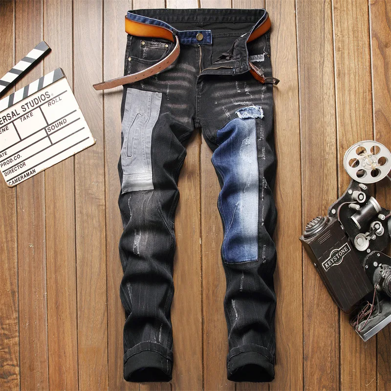 

Light Luxury Men’s Slim-fit Retro Blue Denim Pants,Color Contrast Decors Casual Jeans, Street Fashion Sexy Punk Jeans Pants;