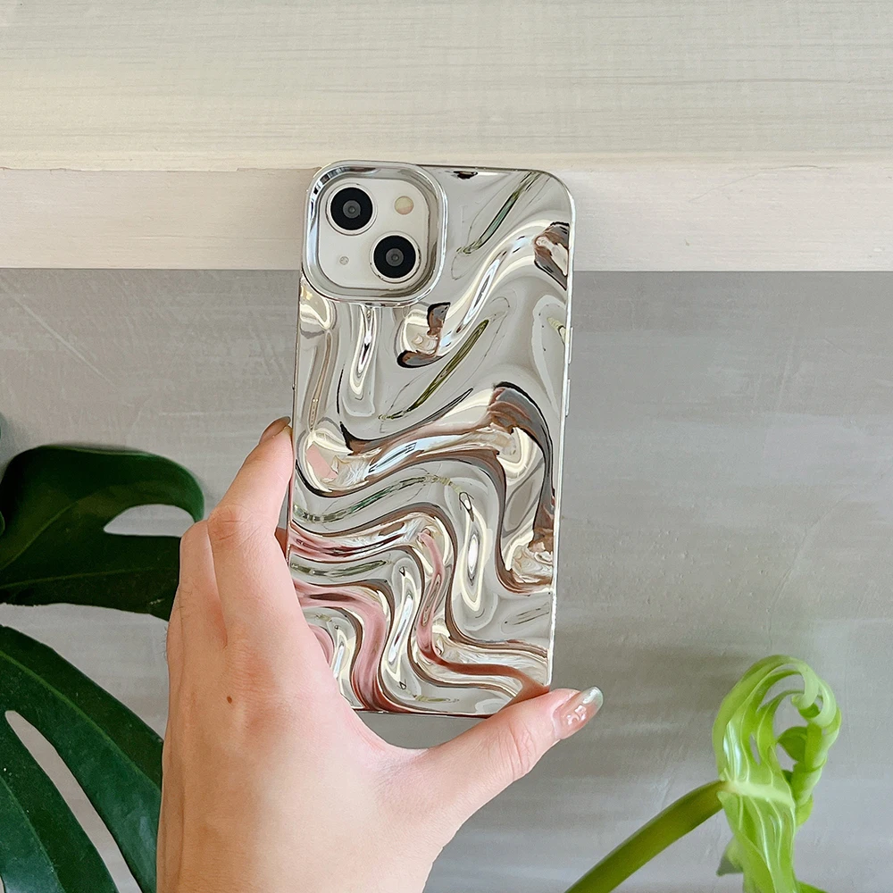 3D-Elektroplattierte Handyhülle mit Wasserwellenmuster in Silber für iPhone 18 17 16 15 14 13 12 11 Pro Max, weiche, stoßfeste Schutzhülle – Detail 3