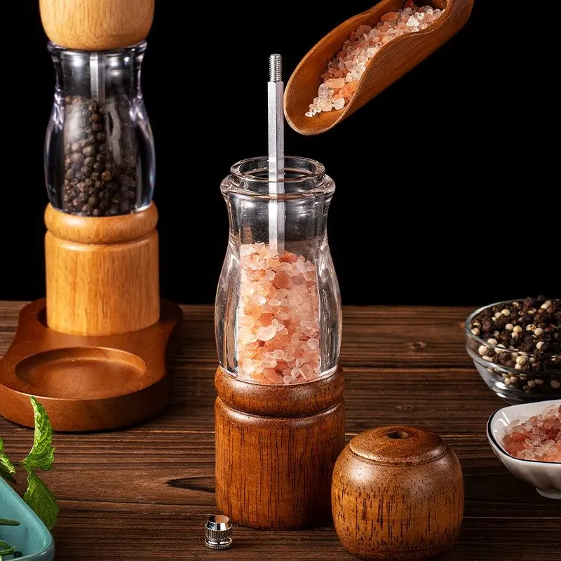 Wooden Salt Pepper Grinder With Big Window Smart Seasoning Grinder Spice Salt Mill 8inch