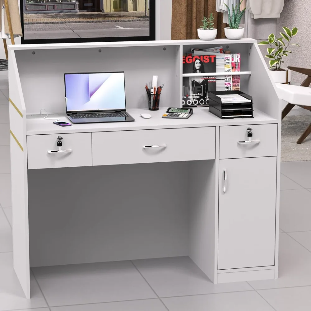 Reception Desk with Counter, Modern Front Table Equipped Lockers & Storage Shelves, 48-inch Checkout Counter with DIY Stripe 2