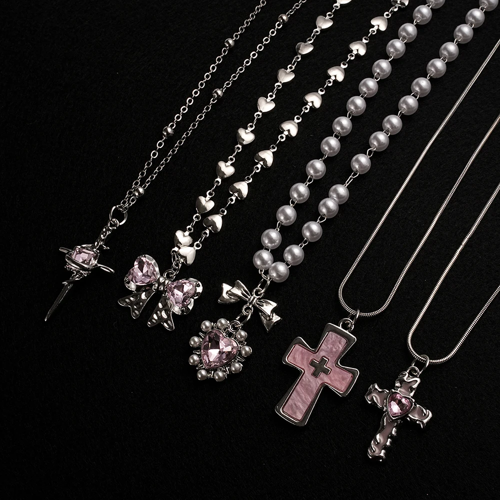 Y2K Sweet Cool Creative Inlaid Pink Love Zircon Bow Cross Pendant Necklace Set, Suitable for Women's Daily Wear, Small Jewelry G 3