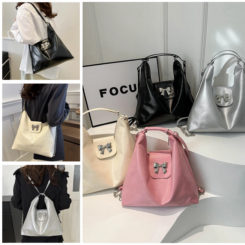 

Однотонная Сумка-тоут из искусственной кожи с бантом, вместительные сумки на плечо с цепочкой, сумка через плечо для женщин, модная сумка на молнии, рюкзак