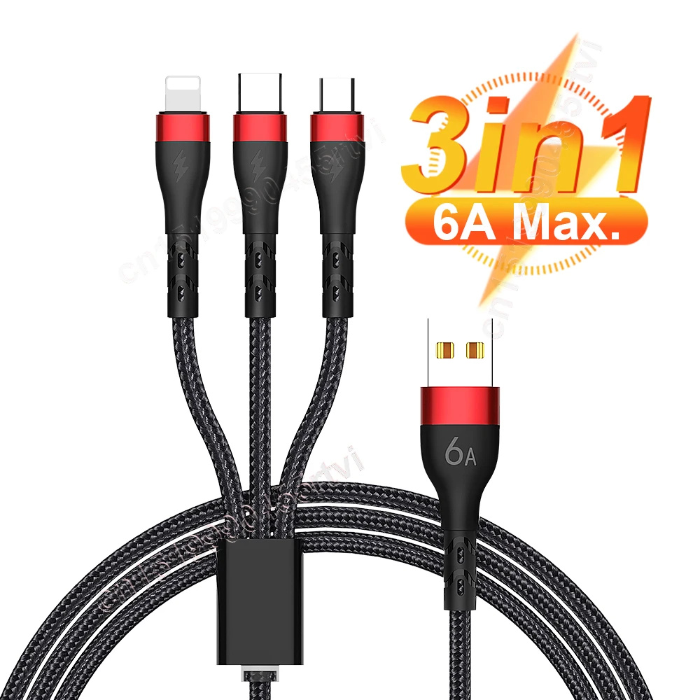 66W 6A 3 in 1 Super Charge USB Kabel für Huawei für iPhone 13 Pro 3in1 2in1 Schnellladung 8 Pin Micro USB Typ C_voghion.com