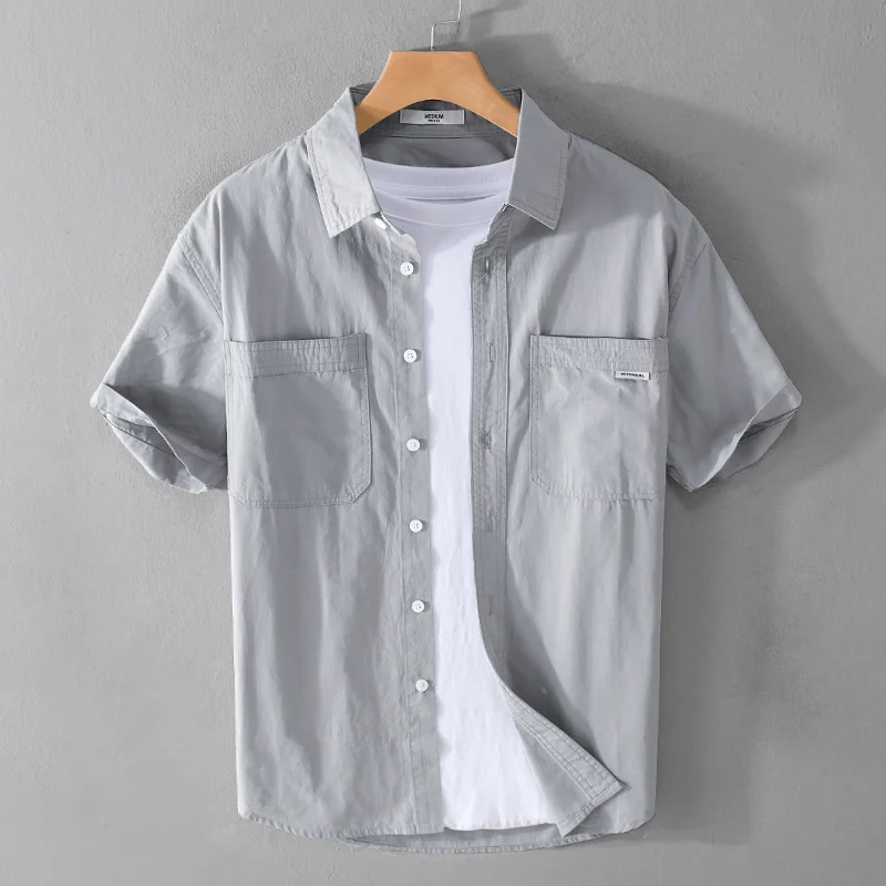 Summer Men's Casual Short Sleeve Shirt Cotton Sold Color Loose Simple Male Workwear Versatile Youth Fresh Shirt