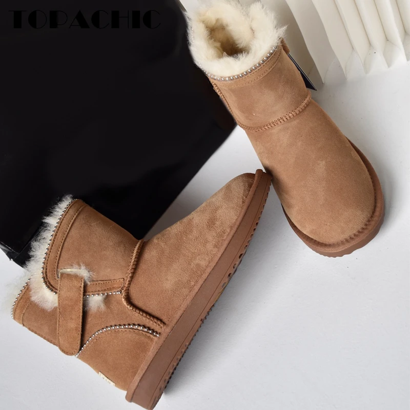 

12.18 TOPACHIC Women's Height Increasing Genuine Leather Snow Boots Winter New Vintage Bead Wool Thicken Hook & Loop Ankle Boots
