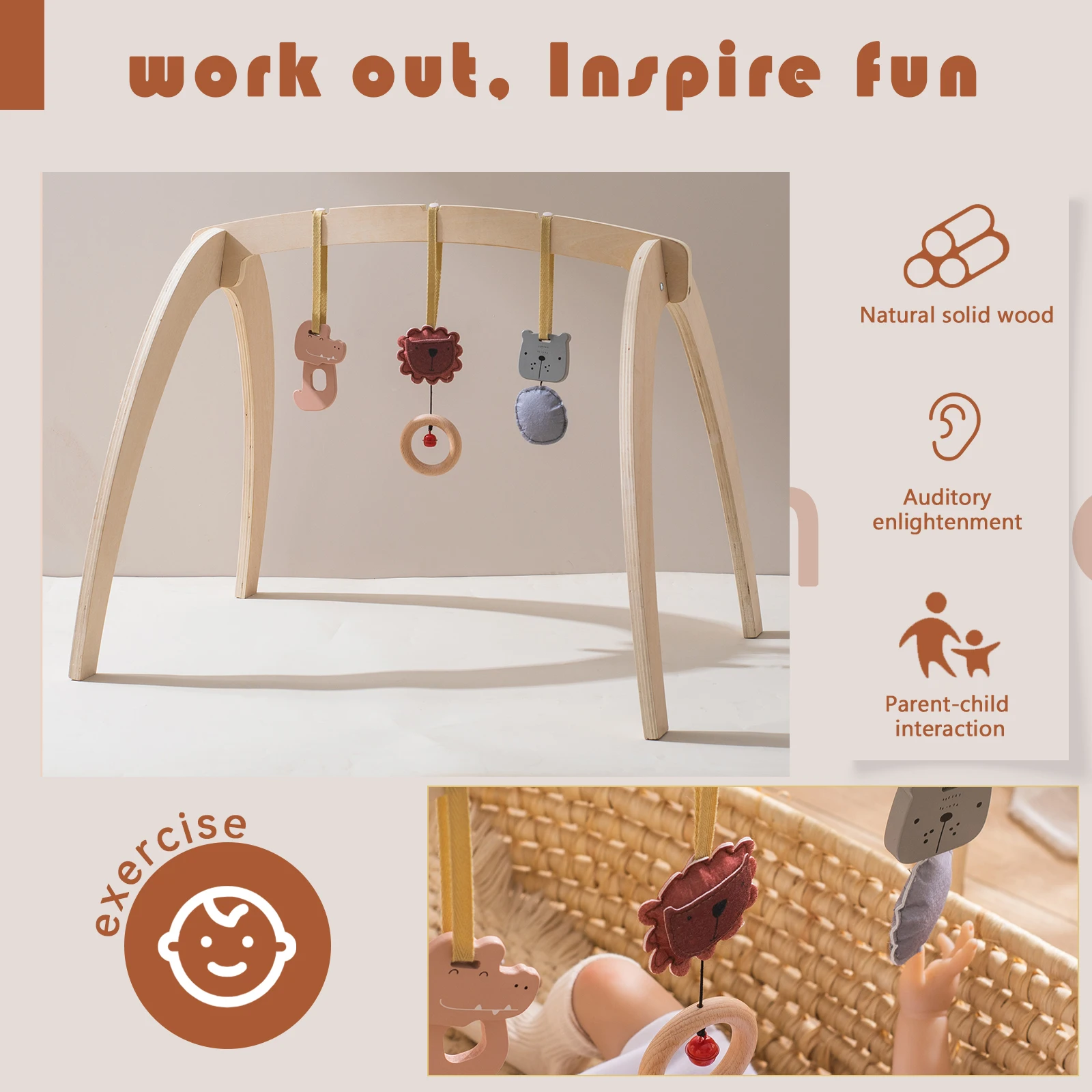 Baby Gym Wooden Carpet Activities for Babies Tent Pendent Hanger Activities for baby stroller Toys Wooden  Room Activities Gym 2