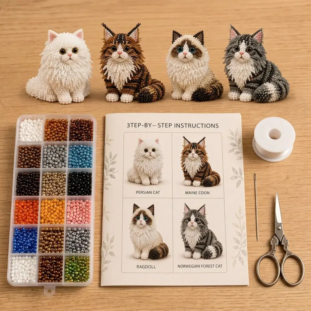 Kit Fai-da-Te per Ricamo con Perline a Tema Animale, Set Artistico Colorato per Mini Lavorazioni con Perline, Kit Educativo 3D per Creazione Portachiavi a Forma di Gatto - immagine 2
