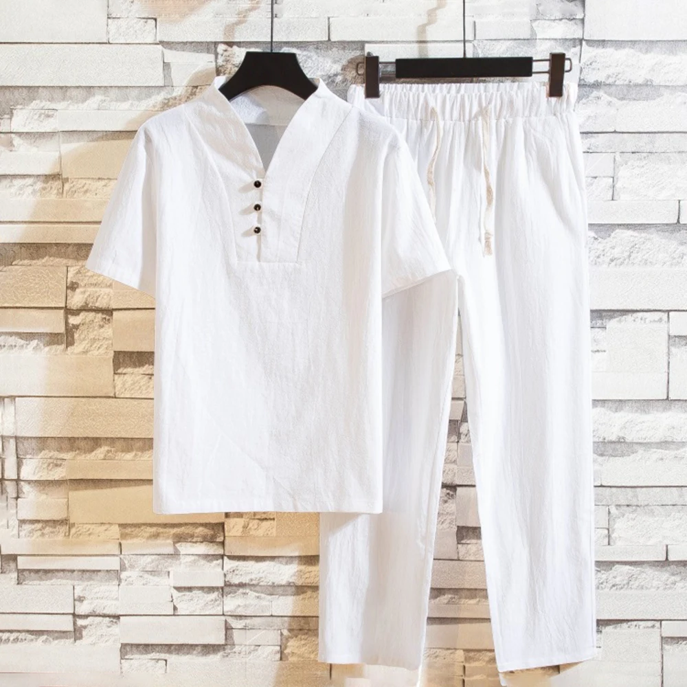 Men's Cotton and Linen Short Sleeve T-shirt+Ankle Length Pant Set Solid Shirt+Trousers Home Suits Male Size S-3XL sports set
