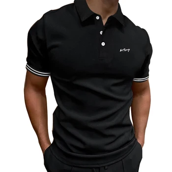 Polo da uomo a tinta unita con polsini a righe, colletto con bottoni, maniche corte, vestibilità slim, casual per tutti i giorni