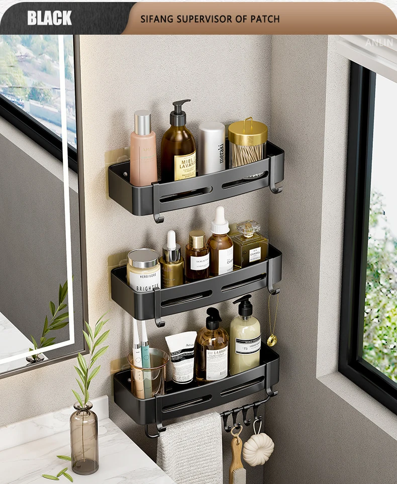 Aluminum Corner Shower Rack - Wall Mounted Bathroom Storage Organizer