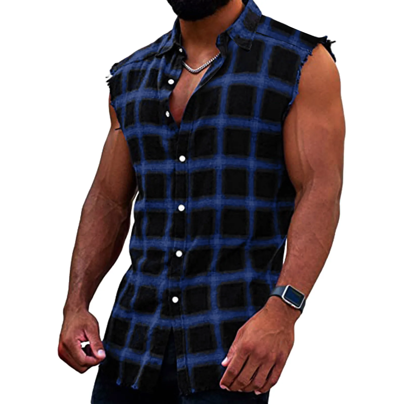 Mens Large Tall Shirts 2024 Summer Fashion Casual Plaid Print Buckle Sanding Sleeveless Shirt Vest Workout Clothing