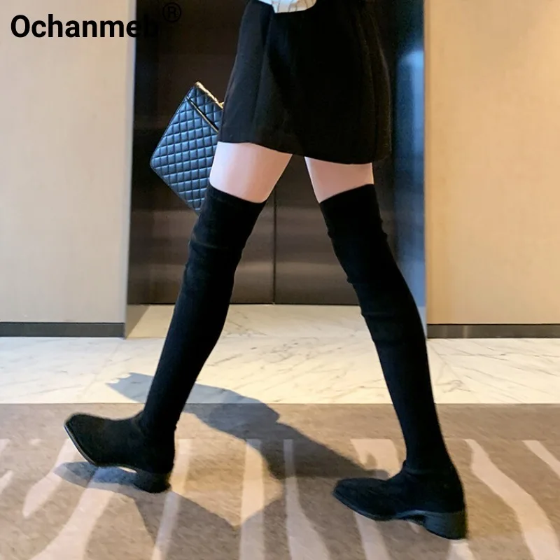 

Ochanmeb Women Nude Stretch Thigh Boots Block Heels Over-the-Knee Slip-ons Boots Elegant Woman Winter Square Toe Shoes 42 Autumn