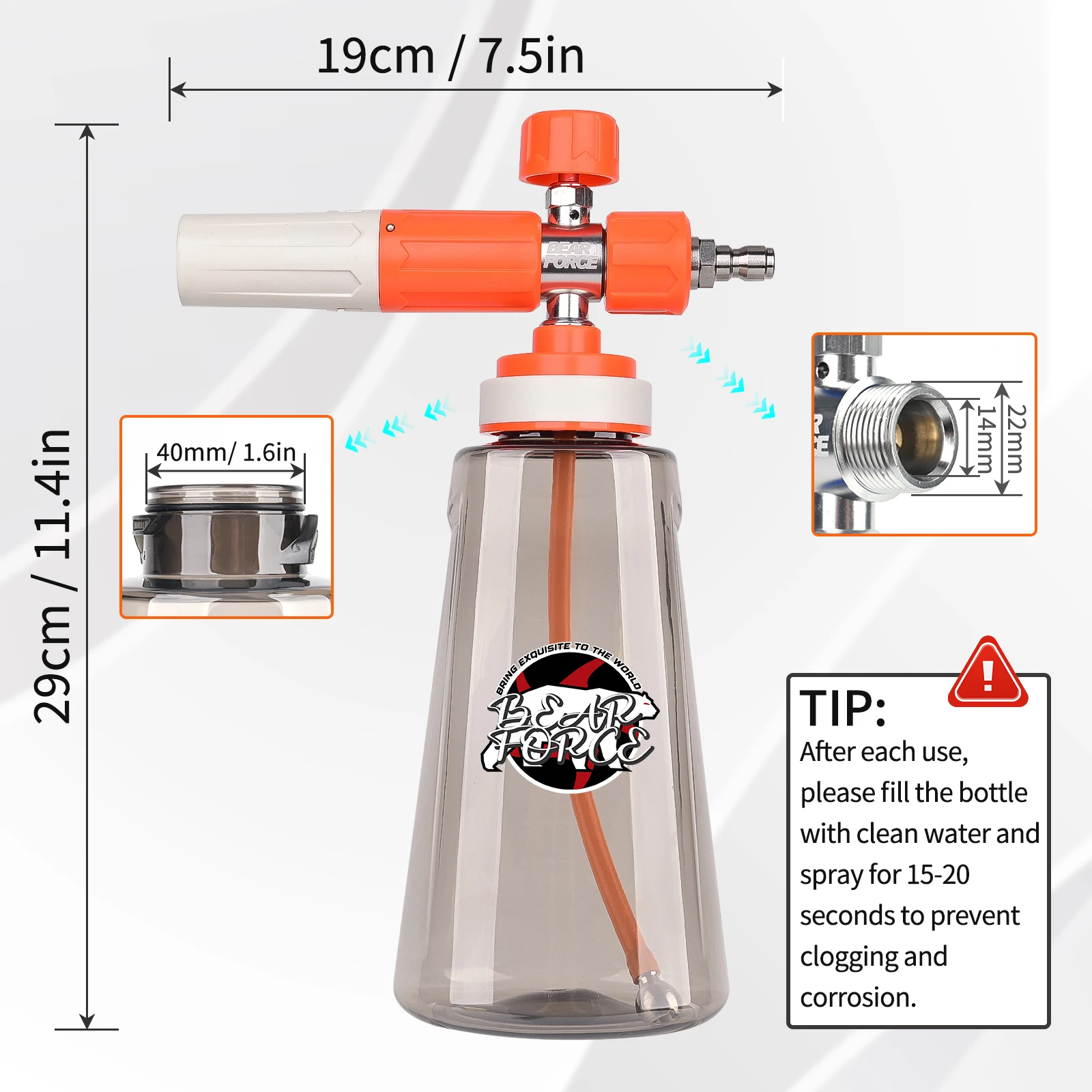 압력 세척기용 업그레이드된 폼 캐논(1/4인치 퀵 커넥터, 360도 회전) ° 조절 가능한 스프레이 노즐, 1L 폼 캐논 비누 디스펜서