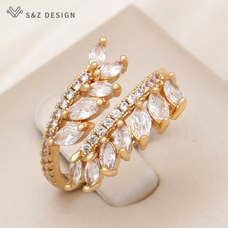 S&Z DESIGN New Fashion Adjustable Cubic Zirconia Olive Branch Rings For Women Wedding Elegant Jewelry Champagne Gold Color Gift