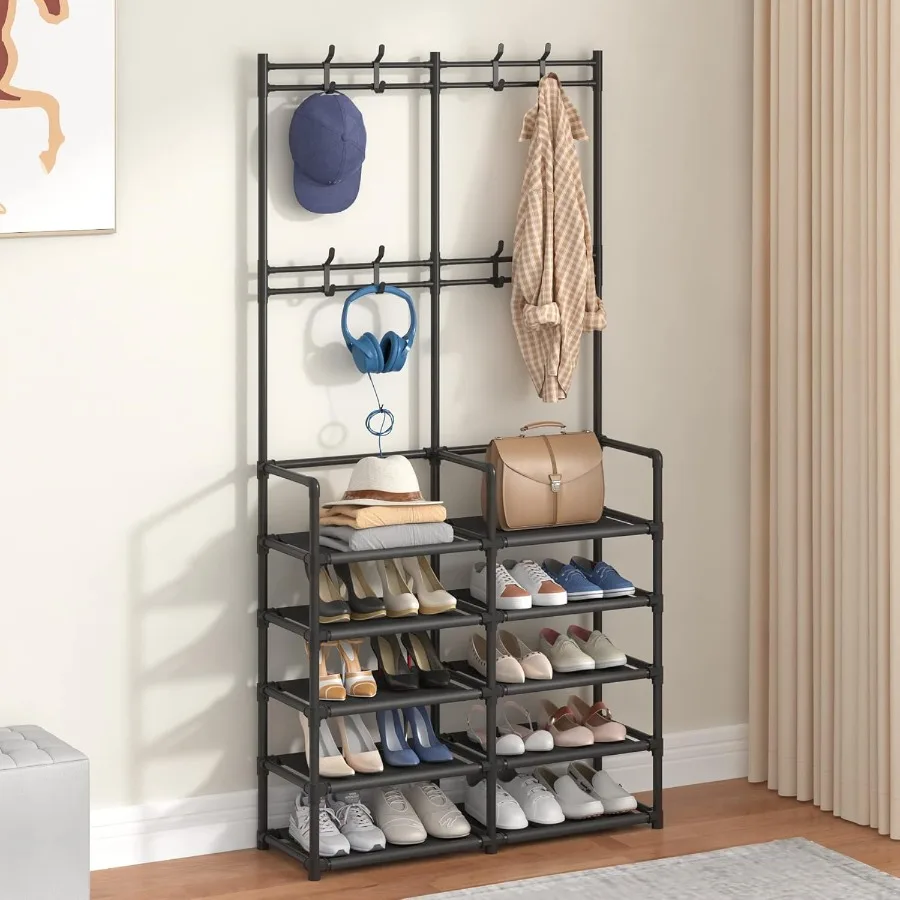 Laiensia 5Tier Entryway Coat Rack Coat and Shoe Rack Entryway Bench Storage Organizer with 8 Hooks for Bedroom Hallway Office B