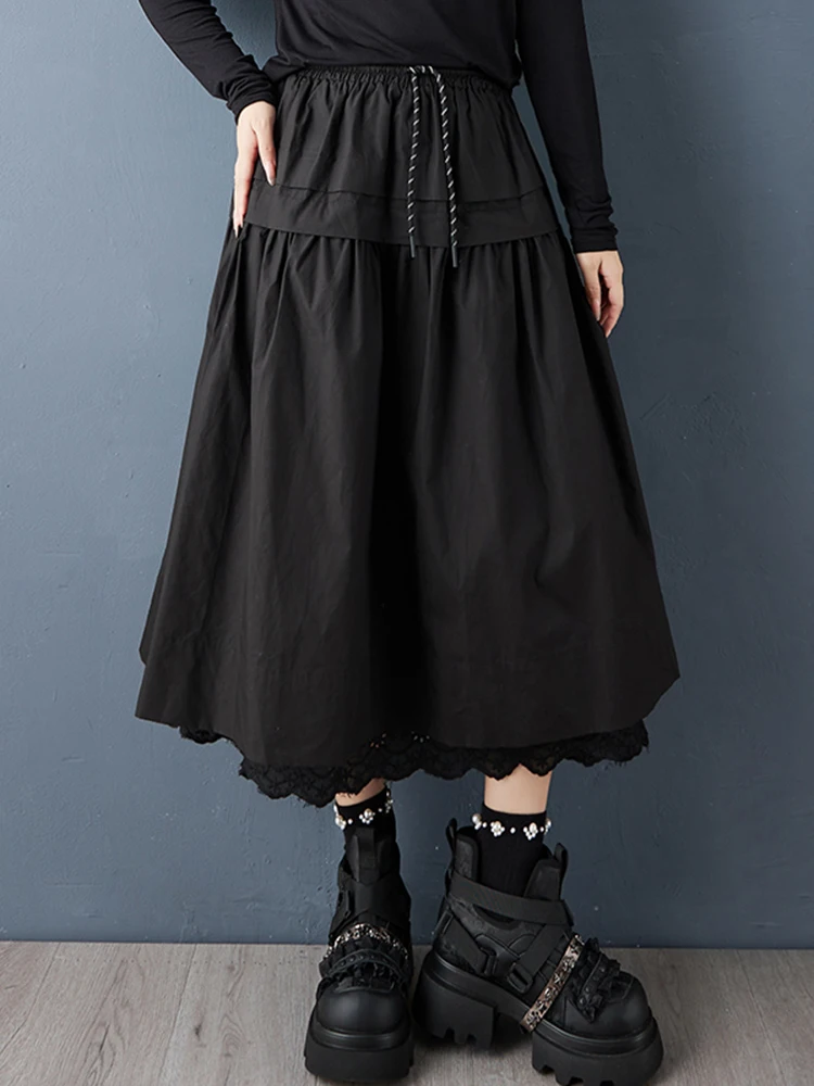 Black Vintage Spliced Lace High Waist Skirt Women New Plus Size Fashion Loose Casual Long Skirts Clothing Sping Autumn 2025