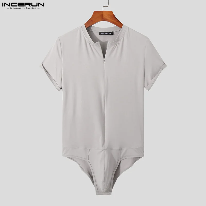 INCERUN Men Bodysuits Solid Color V Neck Short Sleeve Sexy Zipper Underwear Rompers Fitness Cozy Casual Bodysuit S-5XL